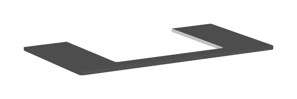Graue Konsole von Hansgrohe mit mittigem Ausschnitt. Flache, rechteckige Form ohne erkennbare Maße. Ideal für einen Aufsatzwaschtisch.